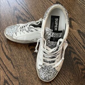 Golden Goose White and Silver Glitter Sneakers